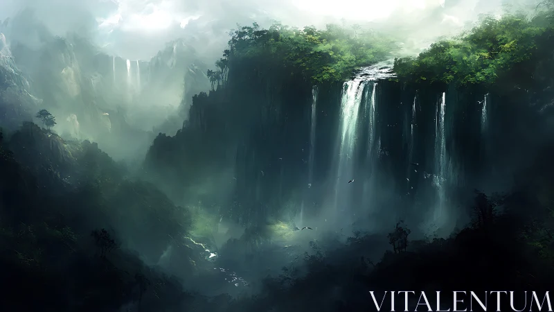 Majestic Waterfall Canyon Embraced by Misty Green Wilderness