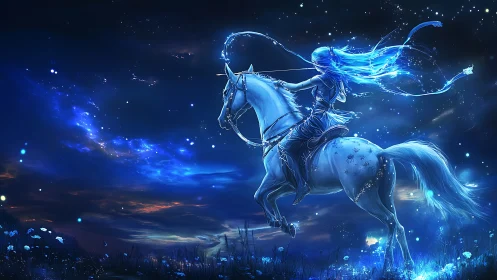 Celestial rider guides a glowing horse through starry night.