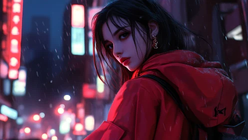 Young woman in red jacket stands in rainy neon street at night