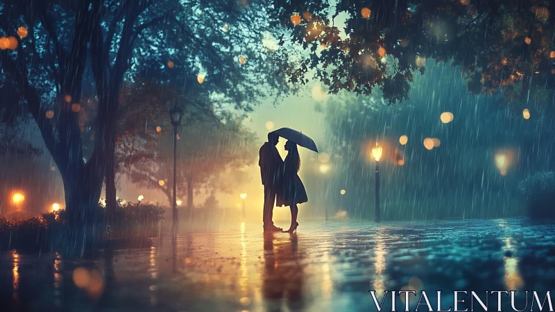 Couple embracing under umbrella in rainy street lights