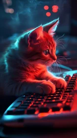 Neon Cat at Gaming Terminal: Cyberpunk Digital Composition.