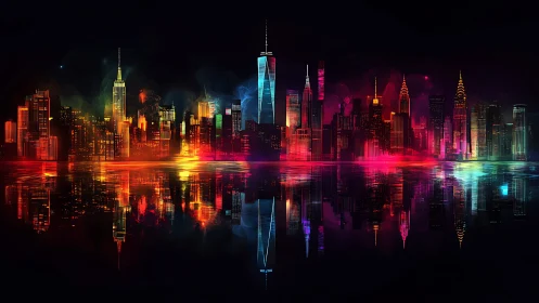 Neon skyline drifts across liquid night in radiant echoes.