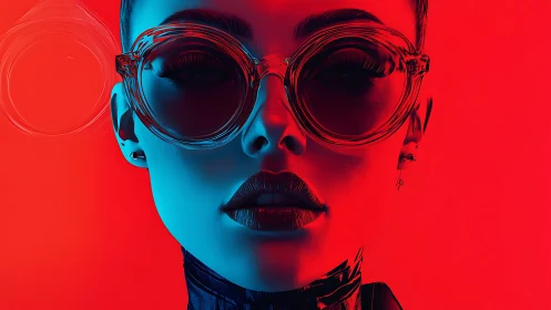 Stylized portrait in red-blue lighting with large eyewear.
