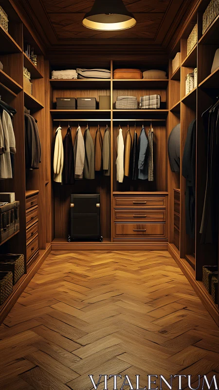 Warm herringbone wardrobe haven glowing with quiet luxury.