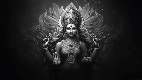 Divine multi-armed goddess rendered in monochrome relief art.