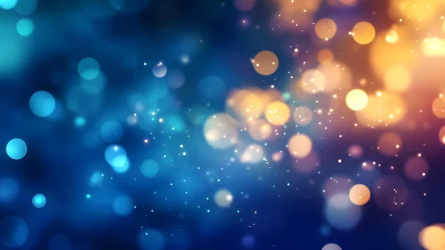 Abstract bokeh lights background in blue and gold, digital style.