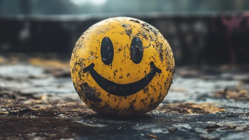 Weathered yellow smiley ball on rough outdoor surface.