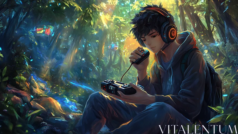 Forest gamer tunes into glowing signals of a digital wild.