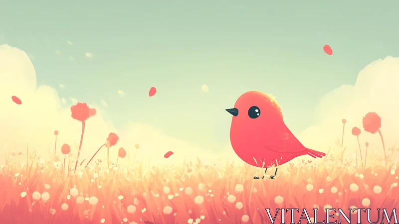 Coral-hued avian specimen positioned within gradient meadow landscape