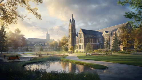 Tranquil college campus with pond and historic brick halls.