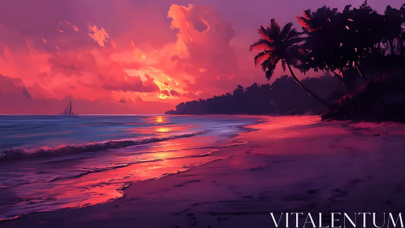 Radiant tropical shoreline under vivid magenta sunset glow.