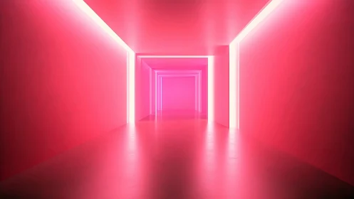 Geometric neon pink hallway with glowing linear lights.