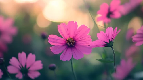 Cosmos bipinnatus specimens with depth gradient and warm atmospheric lighting.
