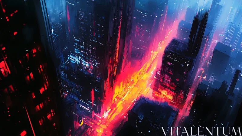 Neon-saturated cyberpunk avenue bisects a dense digital metropolis