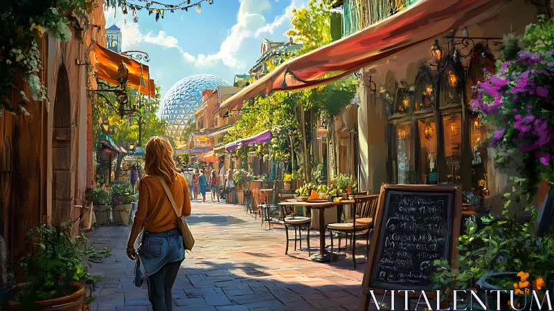 Woman walking down sunlit cafe street toward geodesic dome.