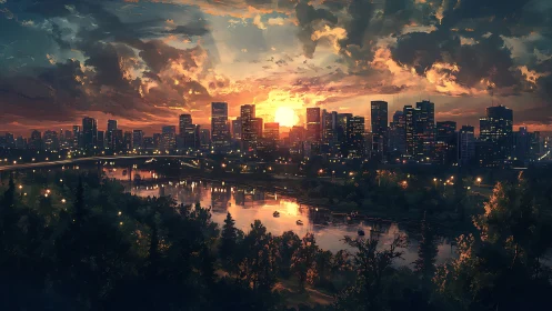 Sunset city skyline glows above a tranquil riverside forest