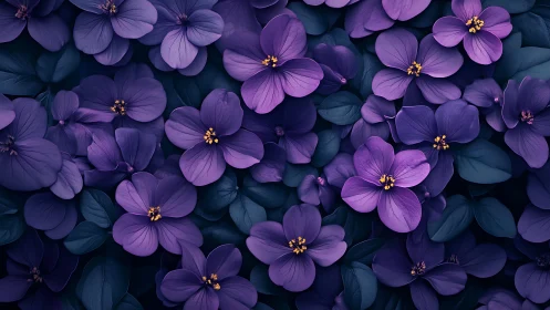 Purple flowers with dark foliage overhead view.