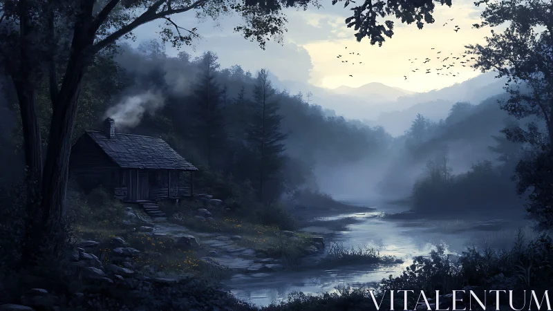 Cabin by misty river at dawn with dense surrounding forest.
