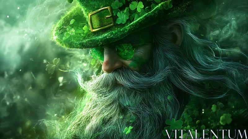 Emerald-borne leprechaun sage drifting through clovered mist.