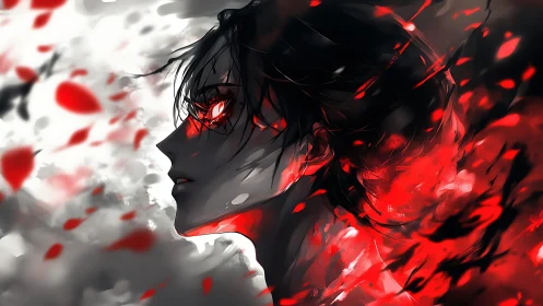 Crimson-eyed anime antihero emerges from swirling embers.