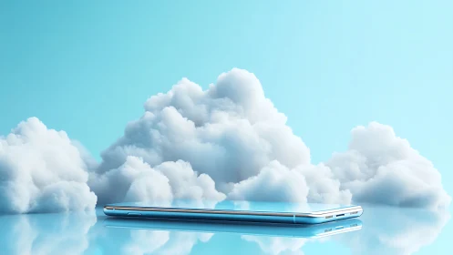 Sleek smartphone reflecting blue sky amid soft cloud banks.