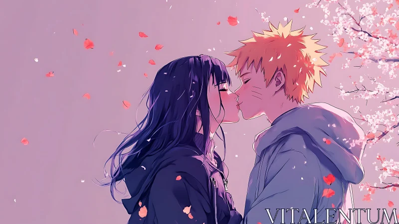 Two anime characters kiss amid falling cherry blossom petals