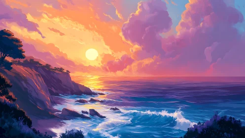 Sunlit cliffs and lavender waves at a glowing pastel coast.
