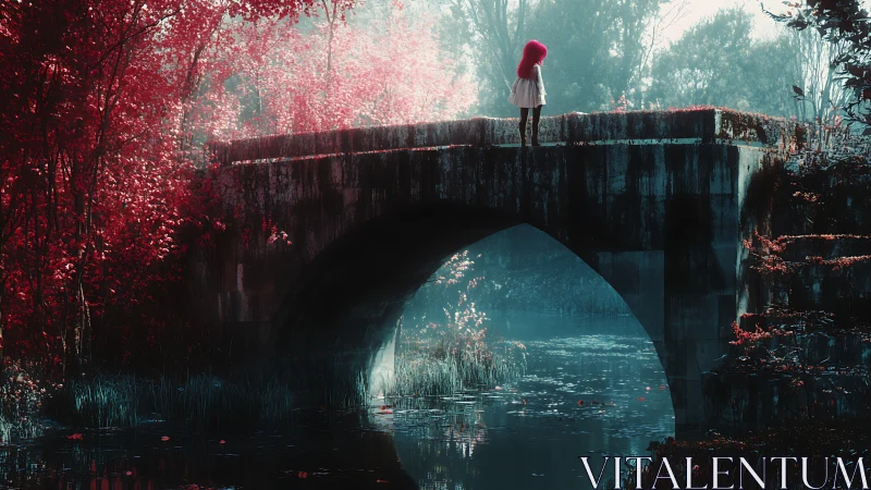 Girl on old bridge above misty river in red forest.