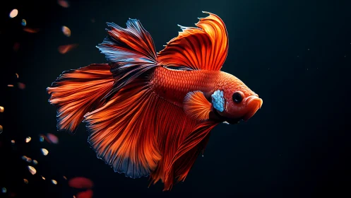 Scarlet betta fish glides through dark minimal water.