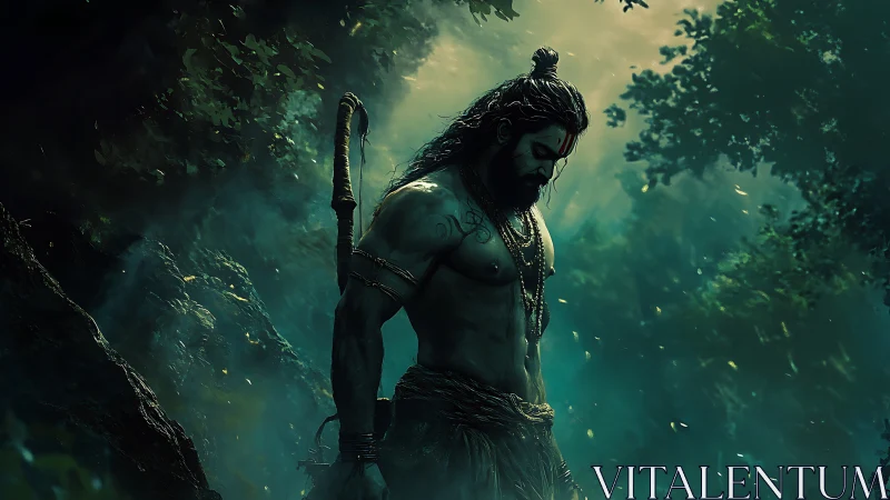 Forest warrior pauses in quiet, mystical green light