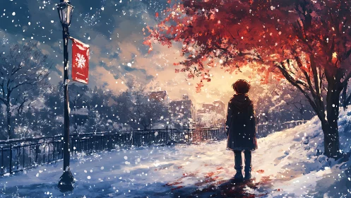 Solitary figure walks under crimson tree in snowstorm