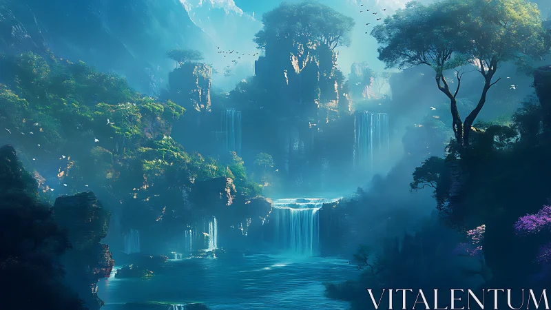 Mystical tiered waterfalls cascade through a dreamlike valley.