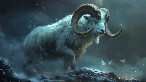 Majestic horned ram in stormlit tundra, digital painting.