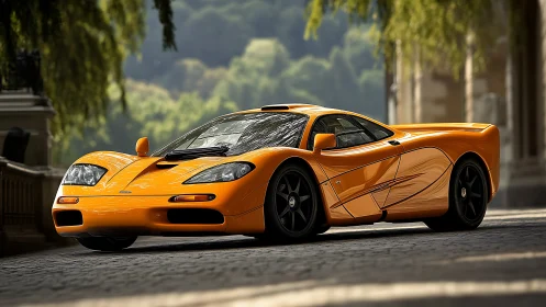 Sunlit tangerine supercar lounges low on cobbled avenue