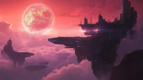 Crimson sky fortress over luminous clouds on alien dusk.