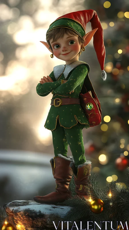 3D holiday elf character on forest log with ornaments.