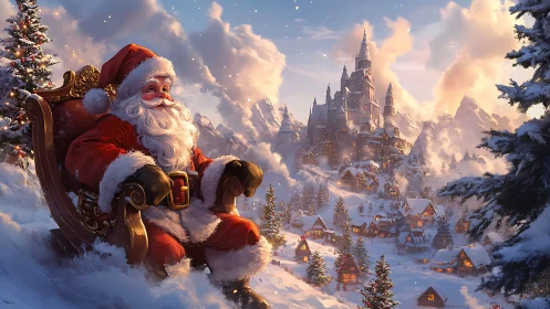 Santa enjoys a golden sunset above a glowing winter village