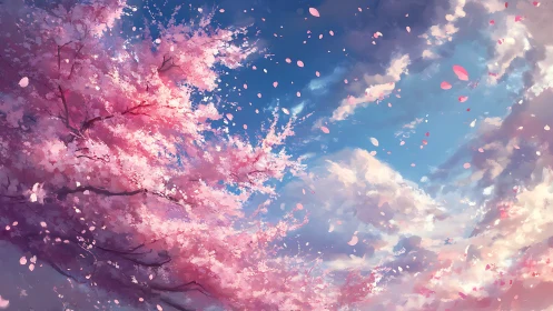 Sakura canopy in dynamic upshot with drifting petals and sky