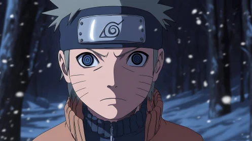 Close frontal anime portrait with dynamic snow and shallow depth