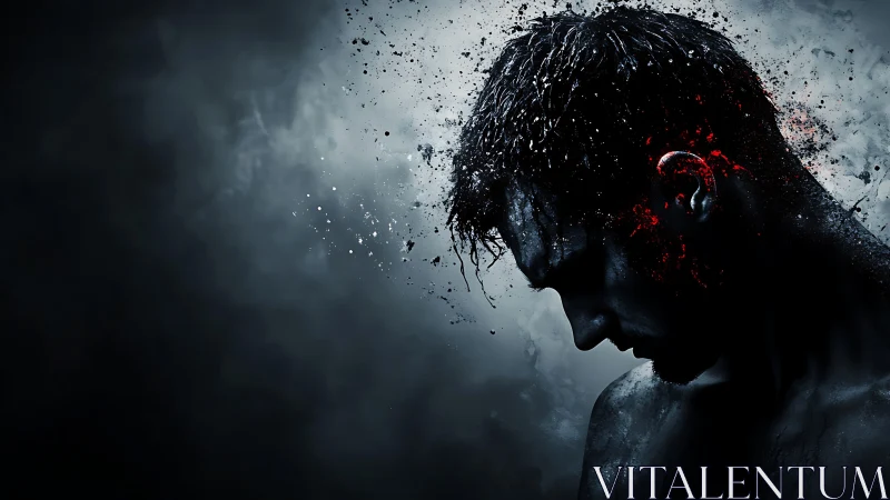 Digital disintegration portrait of downward-cast male profile.