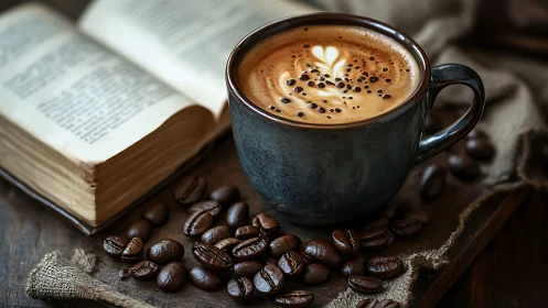 Cozy latte moments beside a well-loved book and coffee beans.