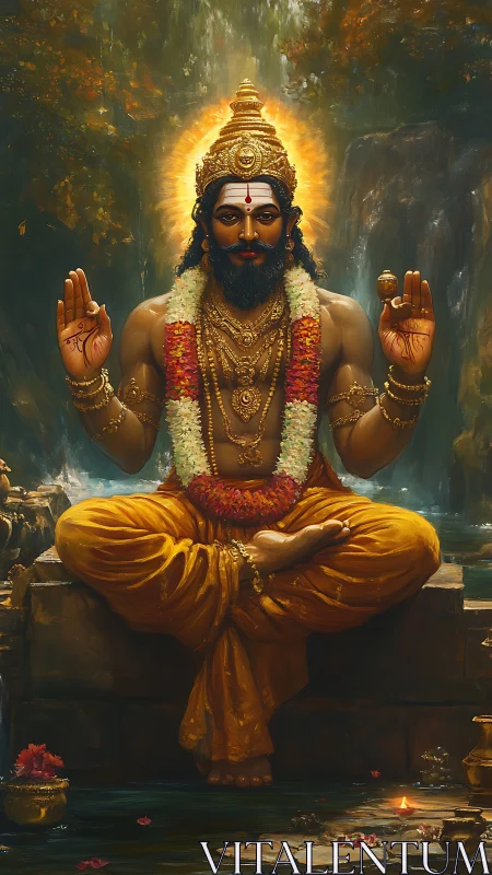 Golden-robed serene guru by a luminous forest waterfall.
