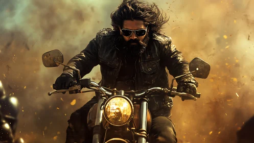 Bearded biker in leather jacket riding motorcycle through dust