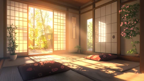 Sunlit tatami room opens to serene garden in gentle glow.