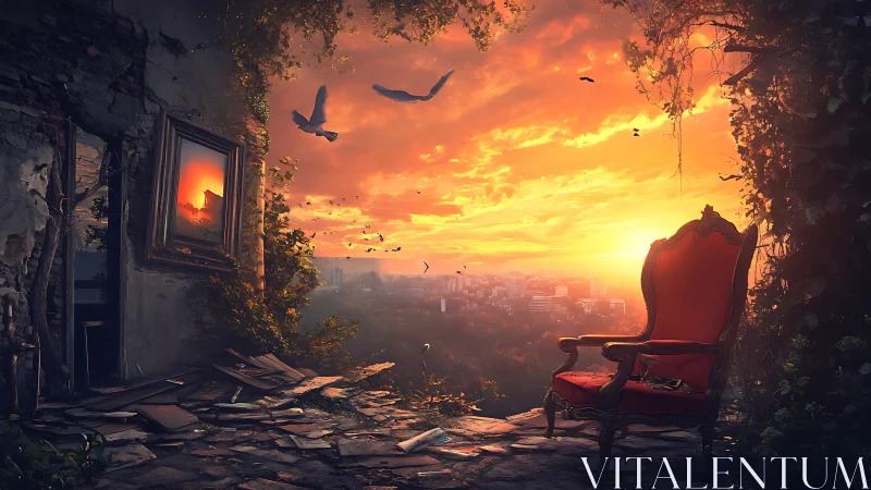 Ruined terrace with red armchair above city at sunset.