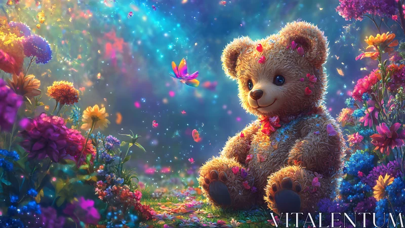 Teddy bear in luminous fantasy flower garden at dusk.