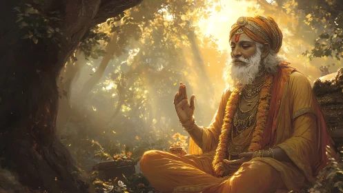 Golden forest meditation with serene wise elder guru.