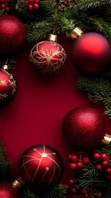 Red glass baubles with evergreen branches on solid background.