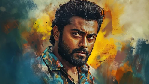 Intense bearded man amid vivid abstract brushstroke storm.