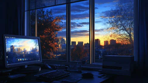 Office workstation facing city skyline at blue hour dusk.